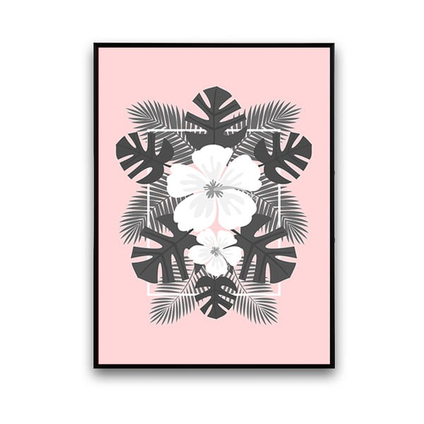 Plakat z białymi kwiatami, różowe tło, 30 x 40 cm