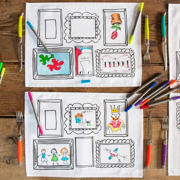 Zestaw 4 mat stołowych do kolorowania Doodle, motyw "ramki na zdjęcia"
