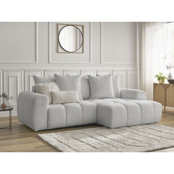 Jasnoszary rozkładany narożnik z materiału bouclé ze schowkiem (prawostronny/z szezlongiem) Roxelane – Bobochic Paris-image-4