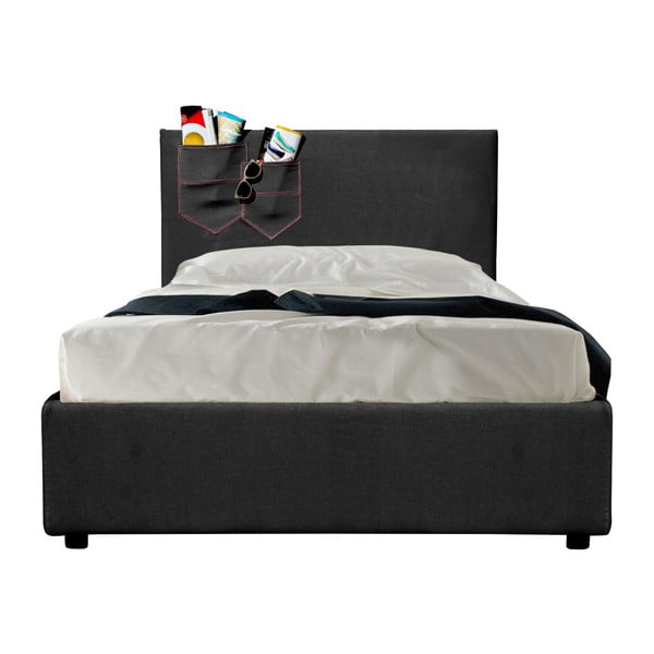 Czarne łóżko jednoosobowe tapicerowane tkaniną bawełnianą 13Casa Task, 90 x 190 cm