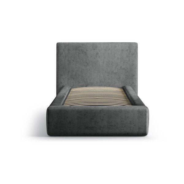 Ciemnoszare tapicerowane łóżko jednoosobowe ze schowkiem i stelażem 90x200 cm Amy – Micadoni -image-3