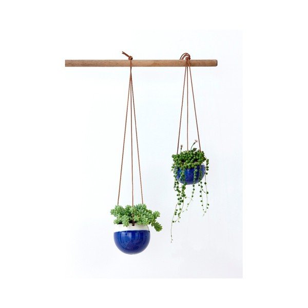 Niebieska wisząca doniczka ze skórzanym zawieszeniem Ladelle, ⌀ 10,8 cm-image-1