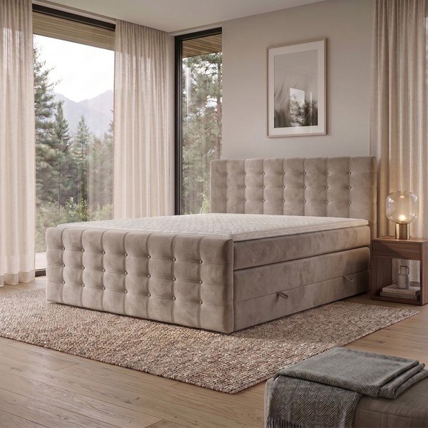 Beżowe łóżko boxspring ze schowkiem 160x200 cm Blend – Maison de Rêve-image-1