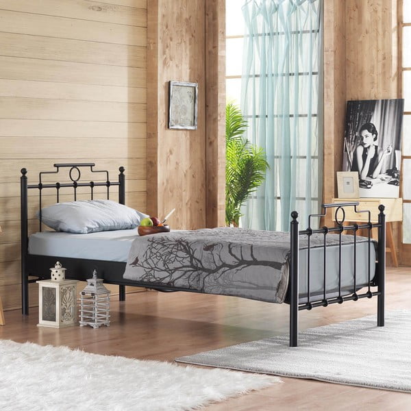Czarne metalowe łóżko jednoosobowe ze stelażem 90x200 cm Hatkus – Kalune Design-image-1