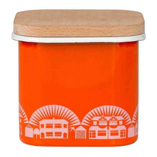 Pomarańczowy emaliowany pojemnik z wieczkiem z bukowego drewna Mini Moderns