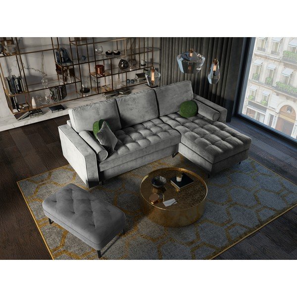 Jasnoszary aksamitny rozkładany narożnik Milo Casa Santo, prawostronny-image-1