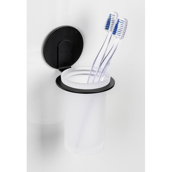 Samoprzylepny szklany kubek na szczoteczki do zębów w kolorze matowej czerni Bivio – Wenko-image-1