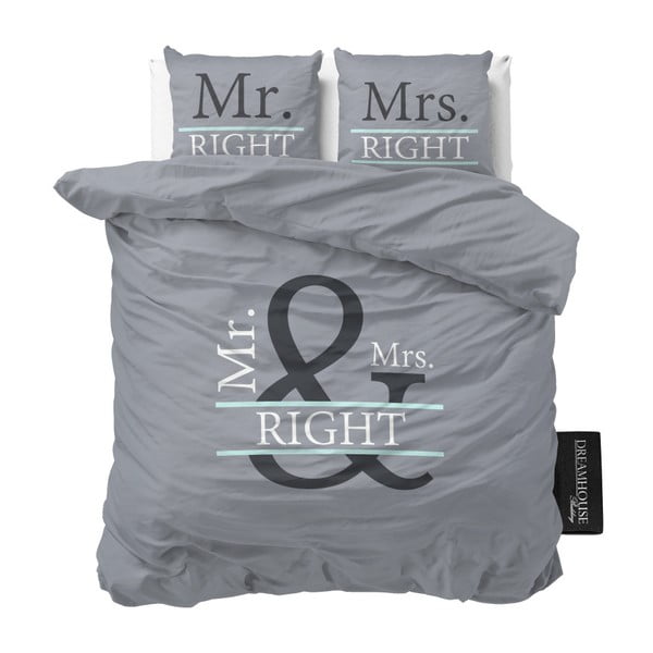 Szara pościel z mikroperkalu Sleeptime Mr and Mrs Right, 200x220 cm