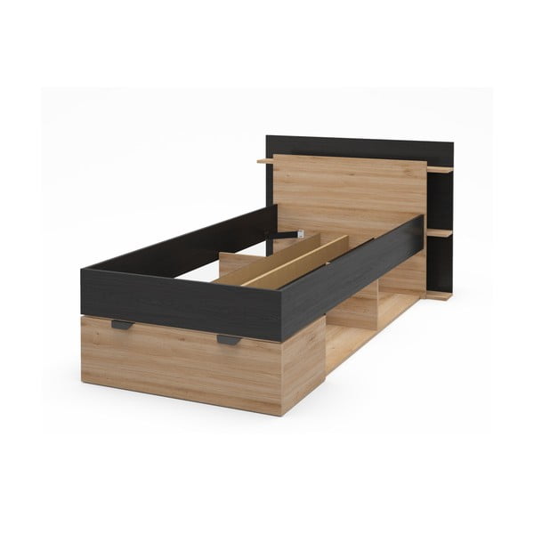 Czarno-naturalne łóżko jednoosobowe w dekorze dębu ze schowkiem bez stelaża 90x200 cm Albo – Marckeric-image-2