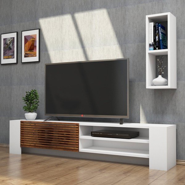 Komplet białej szafki pod TV i półki z detalami z dekorem drewna orzechowego Muzzo Pina-image-4