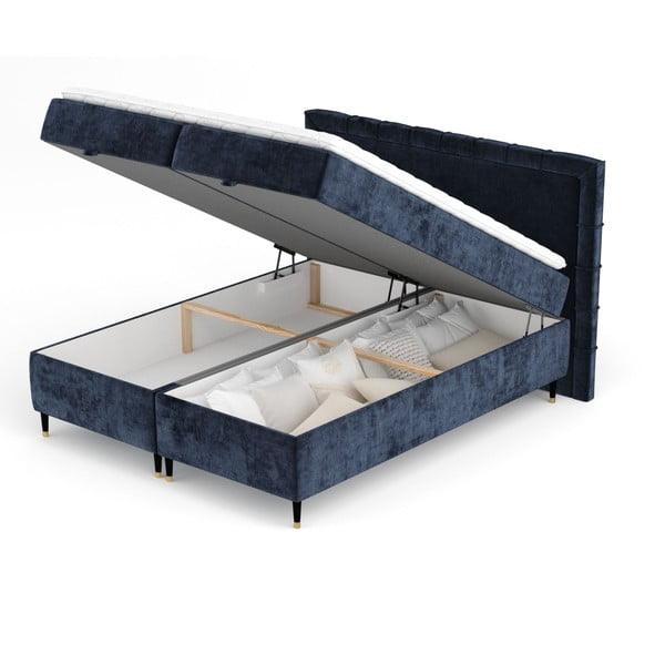 Ciemnoniebieskie łóżko boxspring ze schowkiem 160x200 cm Voyage – Maison de Rêve-image-2