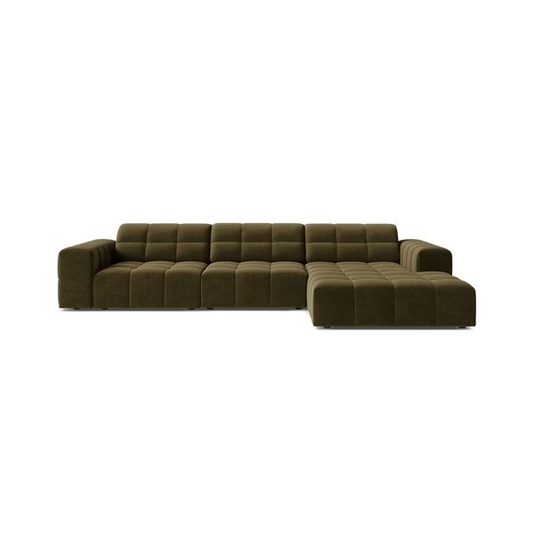 Aksamitny narożnik (prawostronny/z szezlongiem) w kolorze khaki Chicago – Cosmopolitan Design