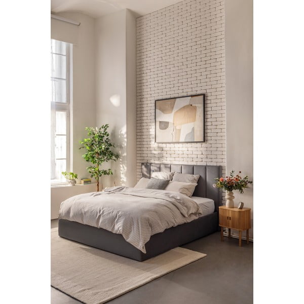 Szare tapicerowane łóżko dwuosobowe ze schowkiem z materacem i stelażem 160x200 cm Thessa Bold Line – Bonami Selection-image-1