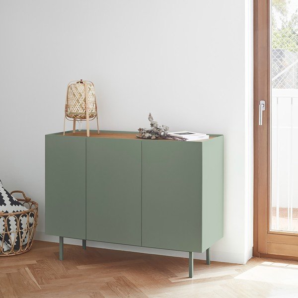 Zielona niska komoda w dekorze dębu 110x85 cm Arista – Teulat-image-2