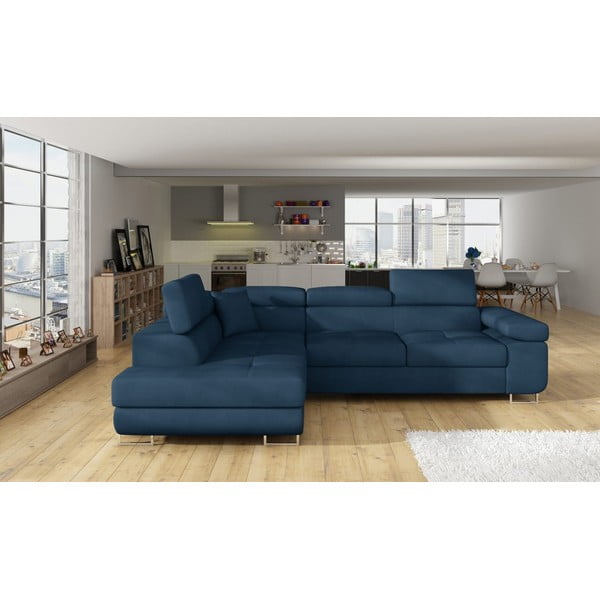 Niebieski aksamitny rozkładany/ze schowkiem narożnik (lewostronny/w kształcie litery L) Anton – ELTAP-image-1