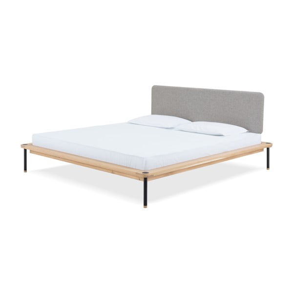 Szare/naturalne łóżko dwuosobowe z litego drewna dębowego ze stelażem 160x200 cm Fina – Gazzda