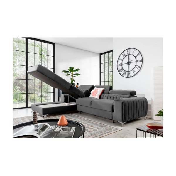 Ciemnoszary aksamitny rozkładany/ze schowkiem narożnik (lewostronny/z szezlongiem) Grayson – ELTAP-image-3