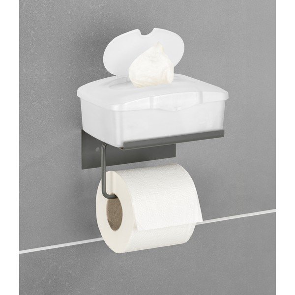 Antracytowy samoprzylepny metalowy uchwyt na papier toaletowy z półką Desulo – Wenko-image-2