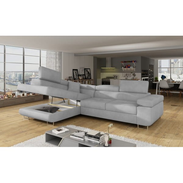 Jasnoszary aksamitny rozkładany/ze schowkiem narożnik (lewostronny/w kształcie litery L) Anton – ELTAP-image-4