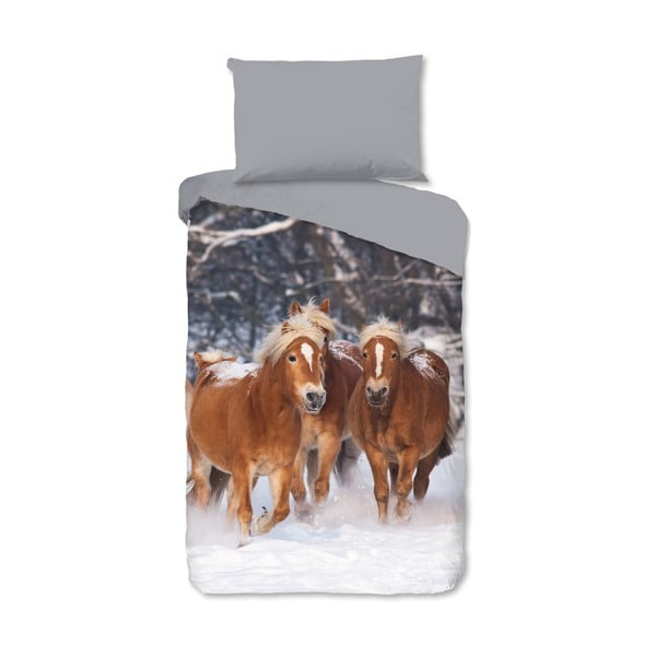 Szara flanelowa pościel dziecięca jednoosobowa 140x200 cm Happy Horses – Good Morning