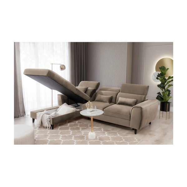 Jasnobrązowy aksamitny rozkładany/ze schowkiem narożnik (lewostronny/z szezlongiem) Foble – ELTAP-image-4