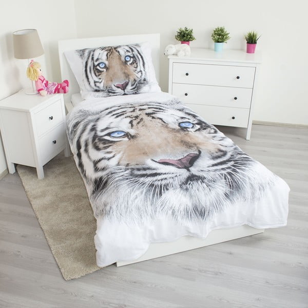 Biało-szara bawełniana pościel dziecięca jednoosobowa 140x200 cm White Tiger – Jerry Fabrics-image-1