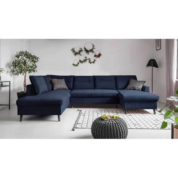 Ciemnoniebieska aksamitna rozkładana sofa w kształcie litery "U" Miuform Stylish Stan, lewostronna-image-1