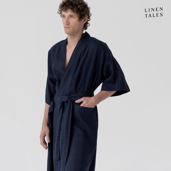 Ciemnoniebieski lniany szlafrok w rozmiarze S/M Summer – Linen Tales-image-3