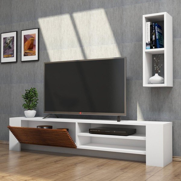 Komplet białej szafki pod TV i półki z detalami z dekorem drewna orzechowego Muzzo Pina-image-1