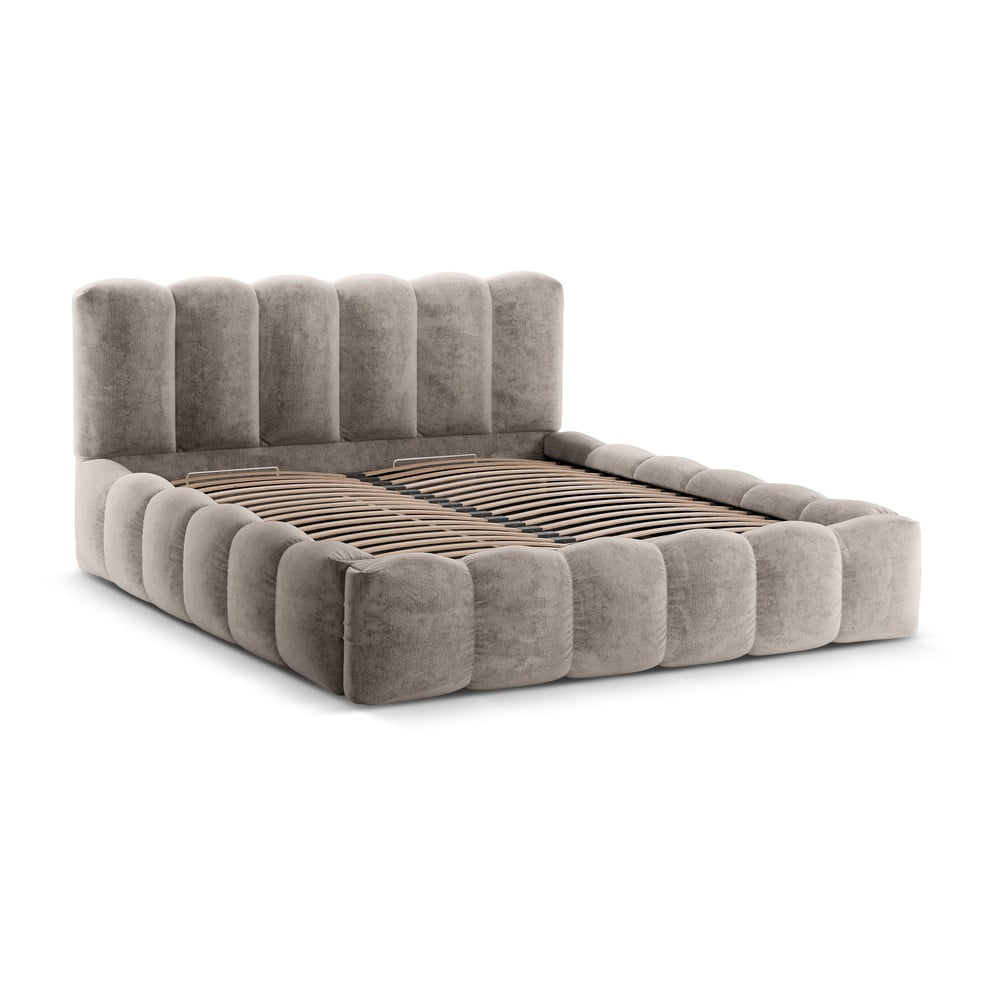 Jasnobrązowe tapicerowane łóżko dwuosobowe ze schowkiem i stelażem 160x200 cm Lupine – Micadoni Home