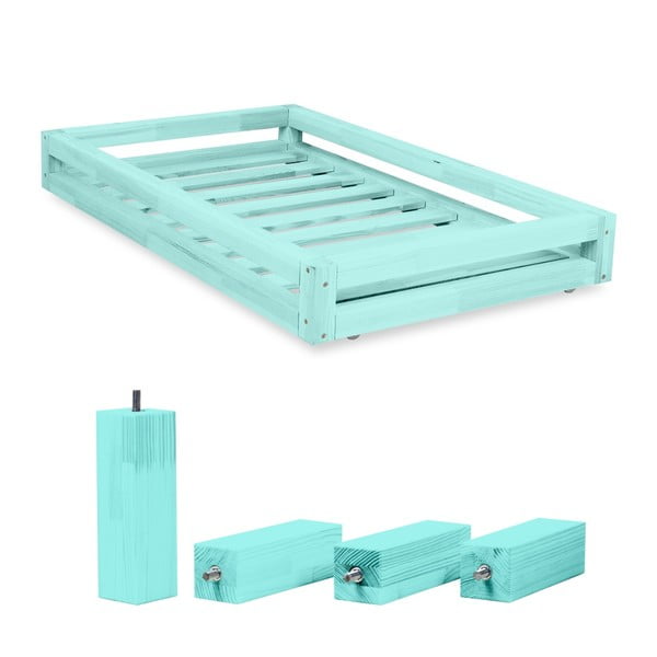 Komplet niebieskiej szuflady pod łóżko i 4 wydłużonych nóg Benlemi, łóżko 90x180 cm