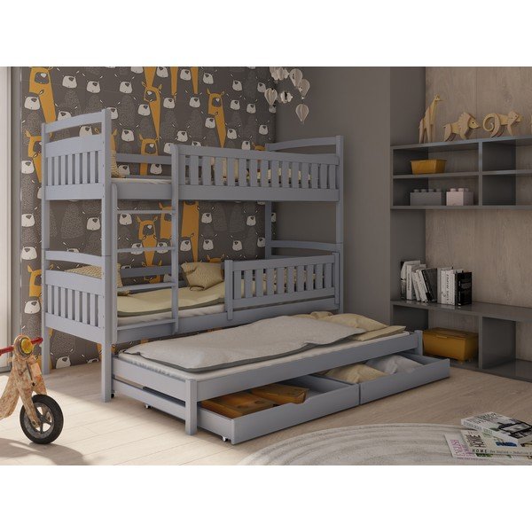 Szare piętrowe łóżko dziecięce z drewna sosnowego ze schowkiem 90x190 cm Blanka – Lano Meble-image-1