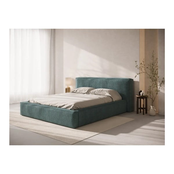 Niebieskie tapicerowane łóżko dwuosobowe ze schowkiem ze stelażem 200x200 cm Simon Olivia – Micadoni -image-1