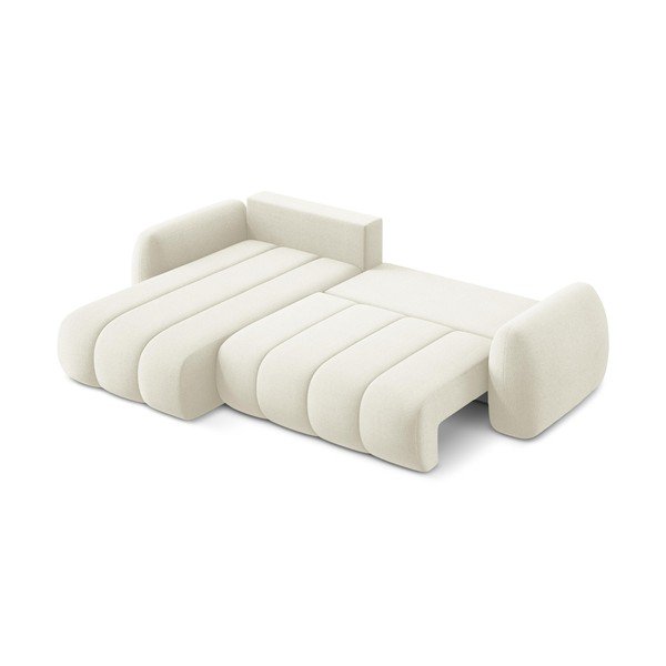 Beżowy rozkładany narożnik z materiału bouclé ze schowkiem (lewostronny/z szezlongiem) Pele – Makamii-image-4