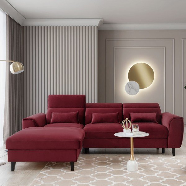 Czerwony aksamitny rozkładany/ze schowkiem narożnik (lewostronny/z szezlongiem) Foble – ELTAP-image-1