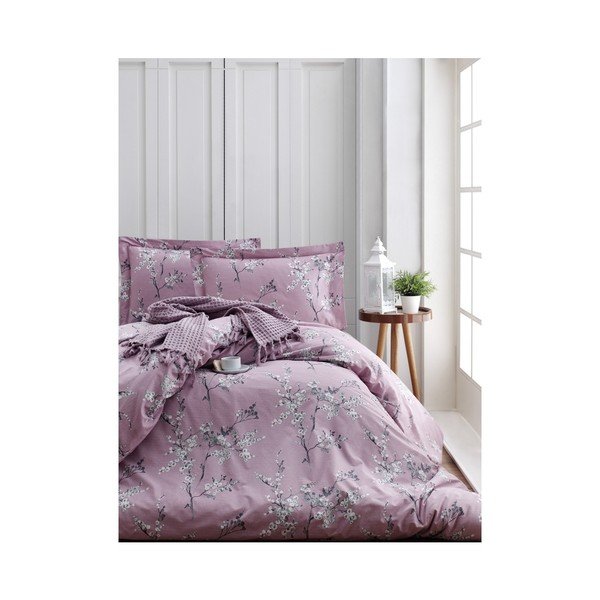 Pościel i prześcieradło dwuosobowe z bawełny ranforce Chicory Pink, 200x220 cm