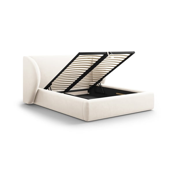 Beżowe tapicerowane łóżko dwuosobowe ze schowkiem i stelażem 180x200 cm Miley – Micadoni Home-image-3