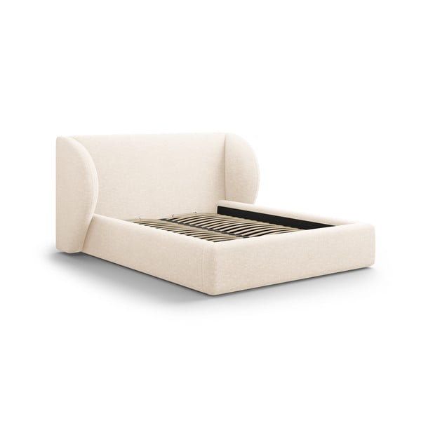 Kremowe tapicerowane łóżko dwuosobowe ze schowkiem i stelażem 200x200 cm Miley – Micadoni 