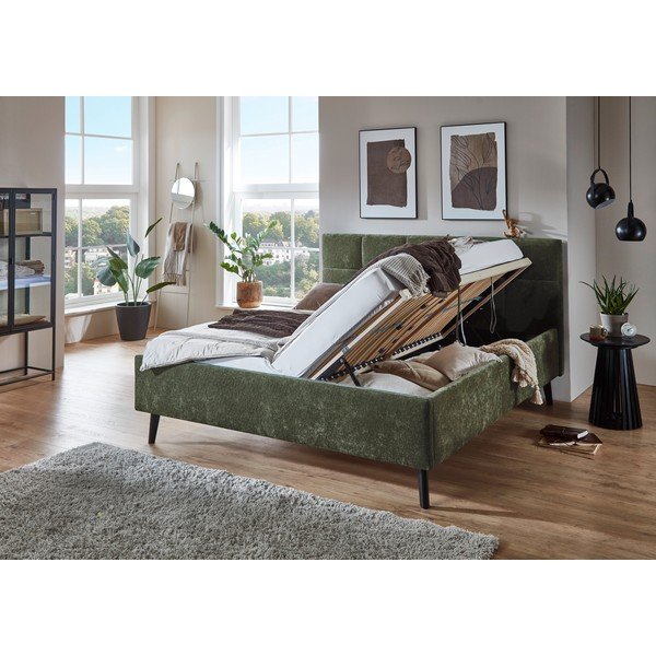 Tapicerowane łóżko dwuosobowe ze schowkiem ze stelażem 180x200 cm w kolorze khaki Nova – Meise Möbel-image-2