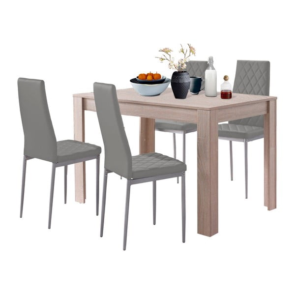 Komplet stołu do jadalni w dębowym dekorze i 4 szarych krzeseł do jadalni Støraa Lori and Barak, 120x80 cm