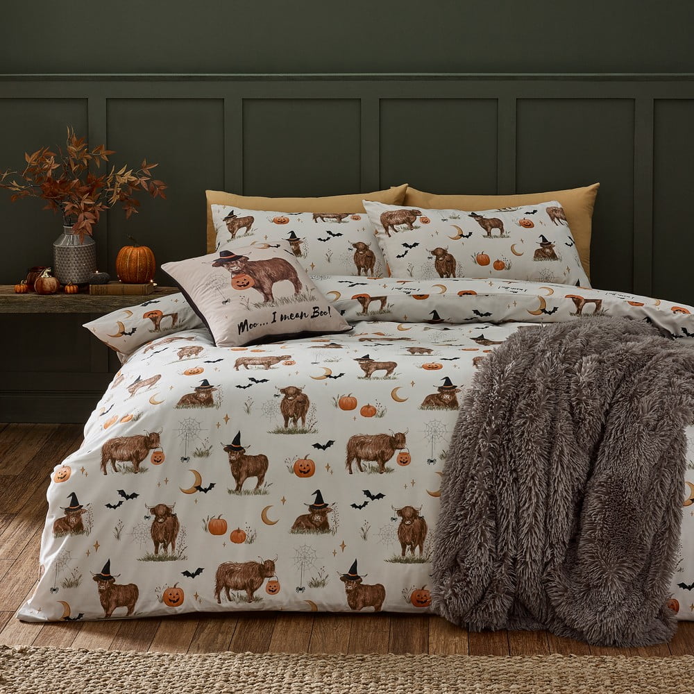 Szarobeżowa pościel jednoosobowa 135x200 cm Halloween Highland Cow – Catherine Lansfield (zdjęcie 6)