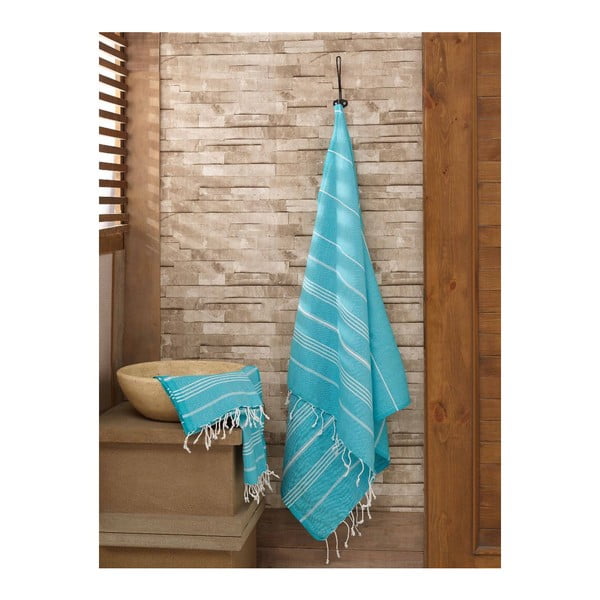 Zestaw 2 niebieskich ręczników ze 100% bawełny (mały i kąpielowy) Hammam Sultan