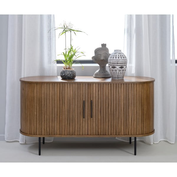 Brązowa niska komoda w dekorze dębu z drzwiami przesuwnymi 140x76 cm Nola – Unique Furniture-image-1