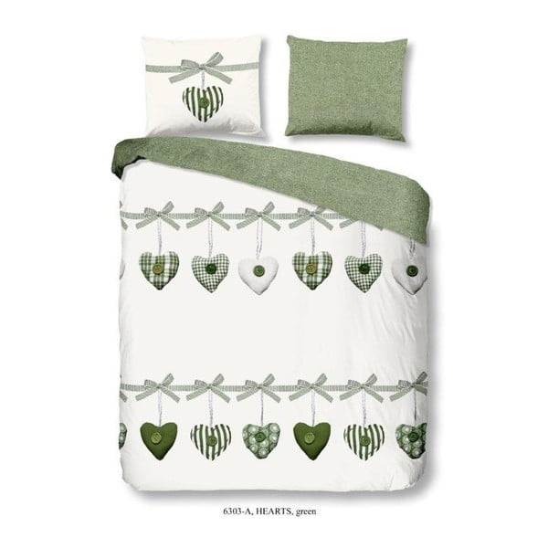 Zielono-biała pościel dwuosobowa z bawełny Good Morning Hearts, 200x240 cm