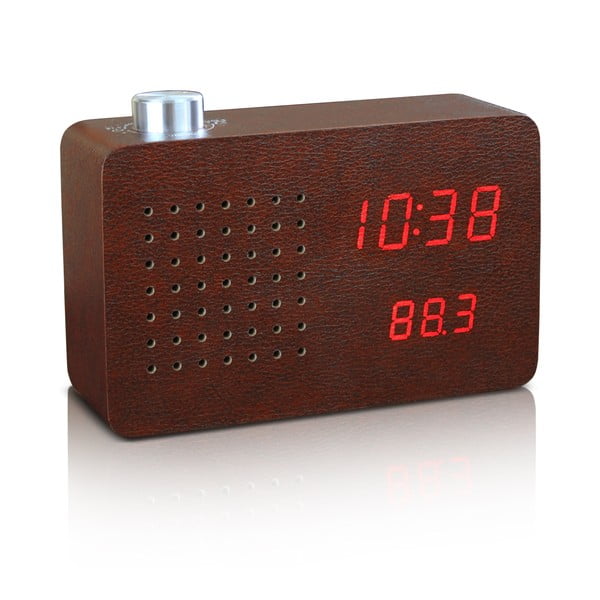 Ciemnobrązowy budzik z czerwonym wyświetlaczem LED i radiem Gingko Radio Click Clock