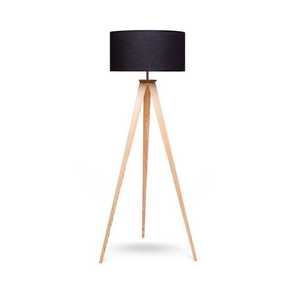 Lampa stojąca z drewnianymi nogami i czarnym kloszem Bonami Essentials Karol
