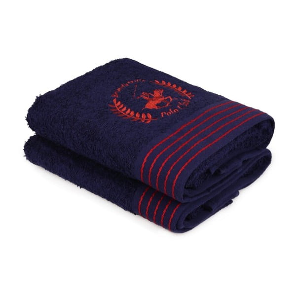 Zestaw dwóch ciemnoniebieskich ręczników z czerwonym detalem Beverly Hills Polo Club Horses, 90x50 cm