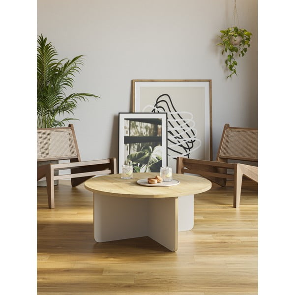Kremowy/w naturalnym kolorze okrągły stolik z blatem w dekorze dębu ø 80 cm Hillary – Marckeric-image-1