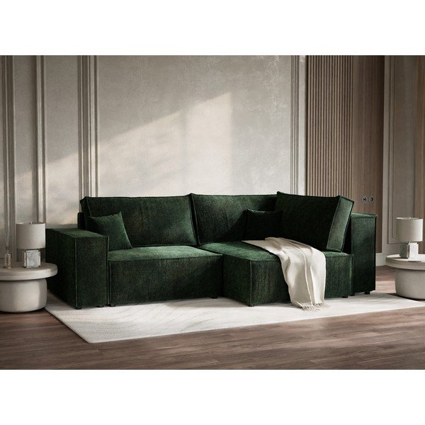 Ciemnozielony rozkładany/ze schowkiem narożnik z tkaniny szenilowej (prawostronny/w kształcie litery L) Tonga – Maison de Rêve-image-1