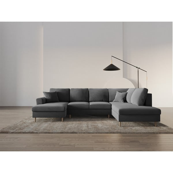 Jasnoszary aksamitny rozkładany narożnik ze schowkiem (prawostronny/w kształcie litery U) Kyoto – Cosmopolitan Design-image-2